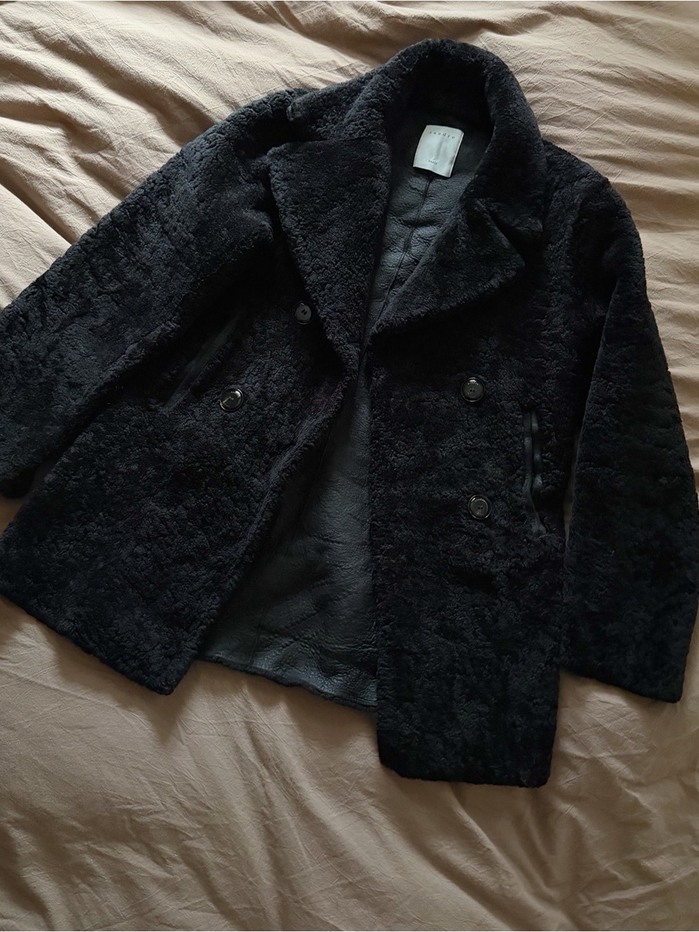 Sandro Black 100% Shearling Lamb Leather Coat
